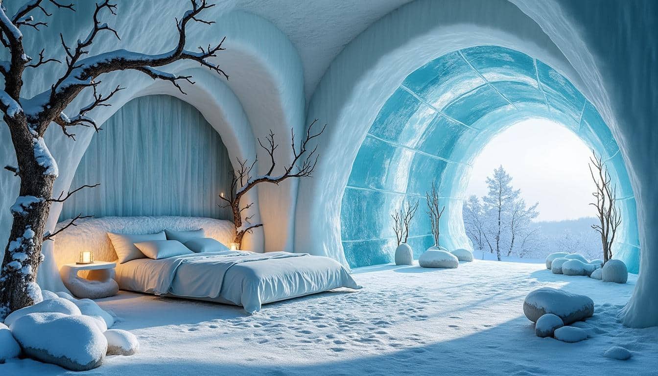découvrez l'hôtel de glace, une merveille éphémère où les matériaux naturels sont sculptés avec art pour créer un séjour unique et magique.