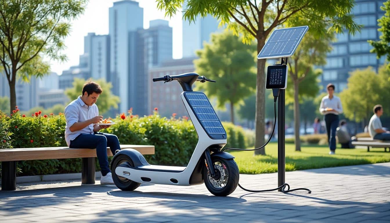 découvrez le scooter solaire innovant qui se recharge facilement durant les pauses déjeuner, alliant écologie et praticité pour vos déplacements urbains.