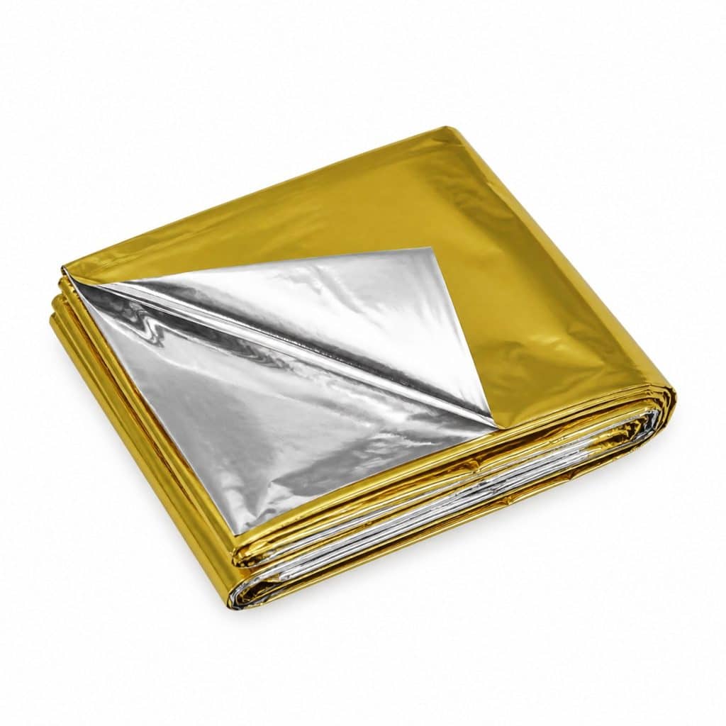 Couverture de survie reversible or argent présenté seul