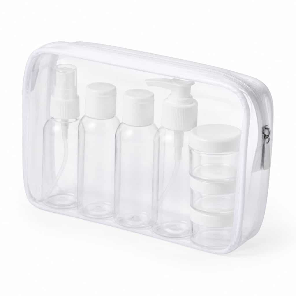 Trousse transparente flacons de voyage présenté seul